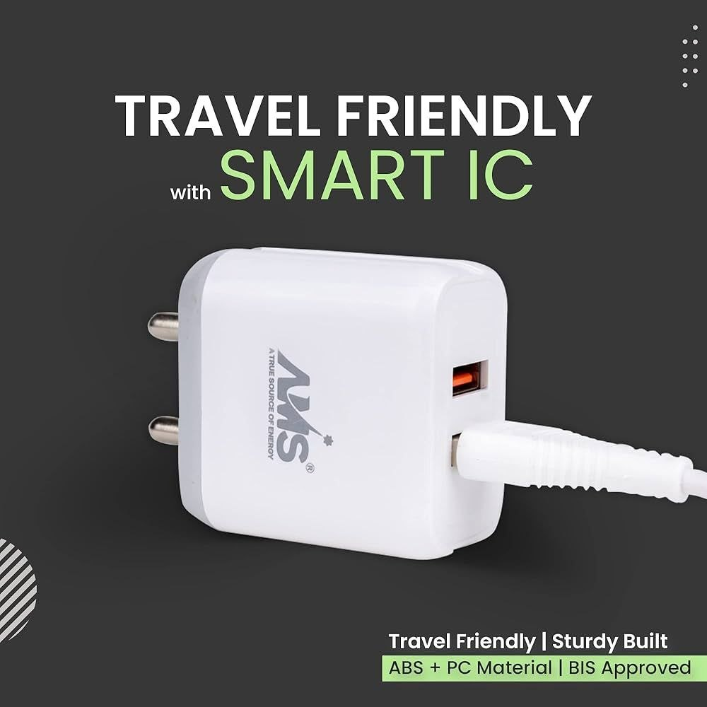 AMS brand dual-port 12W USB fast charging wall adapter