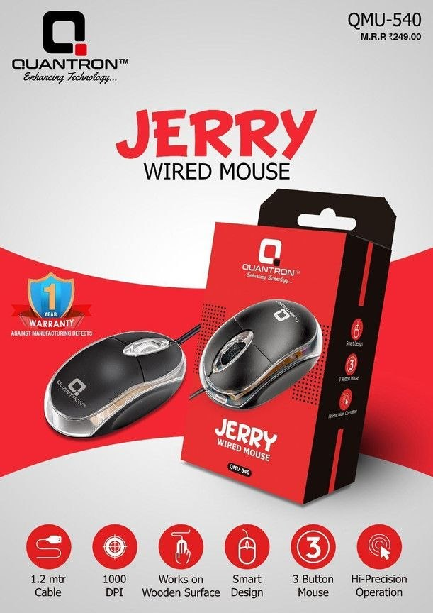 Quantron QMU-540 WIRED USB MOUSE for LAPTOPS/DESKTOPS/DVR/NVR. Wired Ambidextrous Optical Mouse (USB 2.0, Grey)